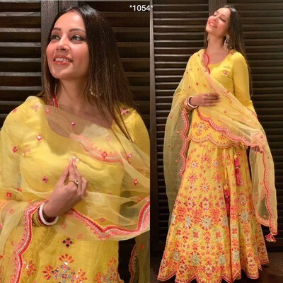 Bollywood Yellow Designer Top With Lehenga