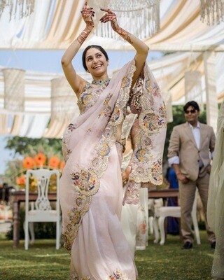 Baby Pink Organza Saree With Heavy Blouse Party Wear