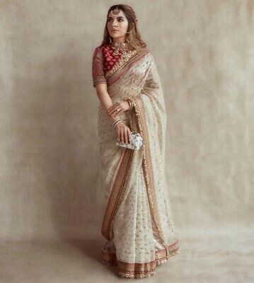 Fantastic Bridal Wear White Organza Saree With Embroidered Work