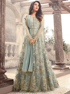 Attractive Sonal Chauhan Green Color Long Gown With Fancy Work