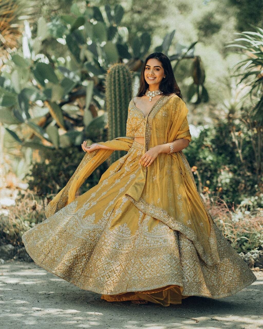 Yellow & Gold-Toned Embroidered Sequinned Semi-Stitched Lehenga and Unstitched Blouse With Dupatta