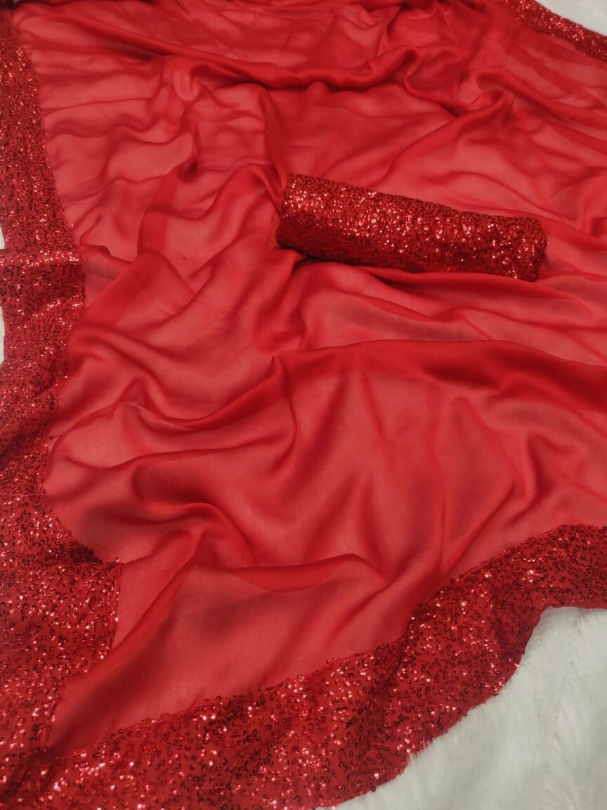 Pleasant Beautiful Red Color Sequence Work Wedding Wear Saree