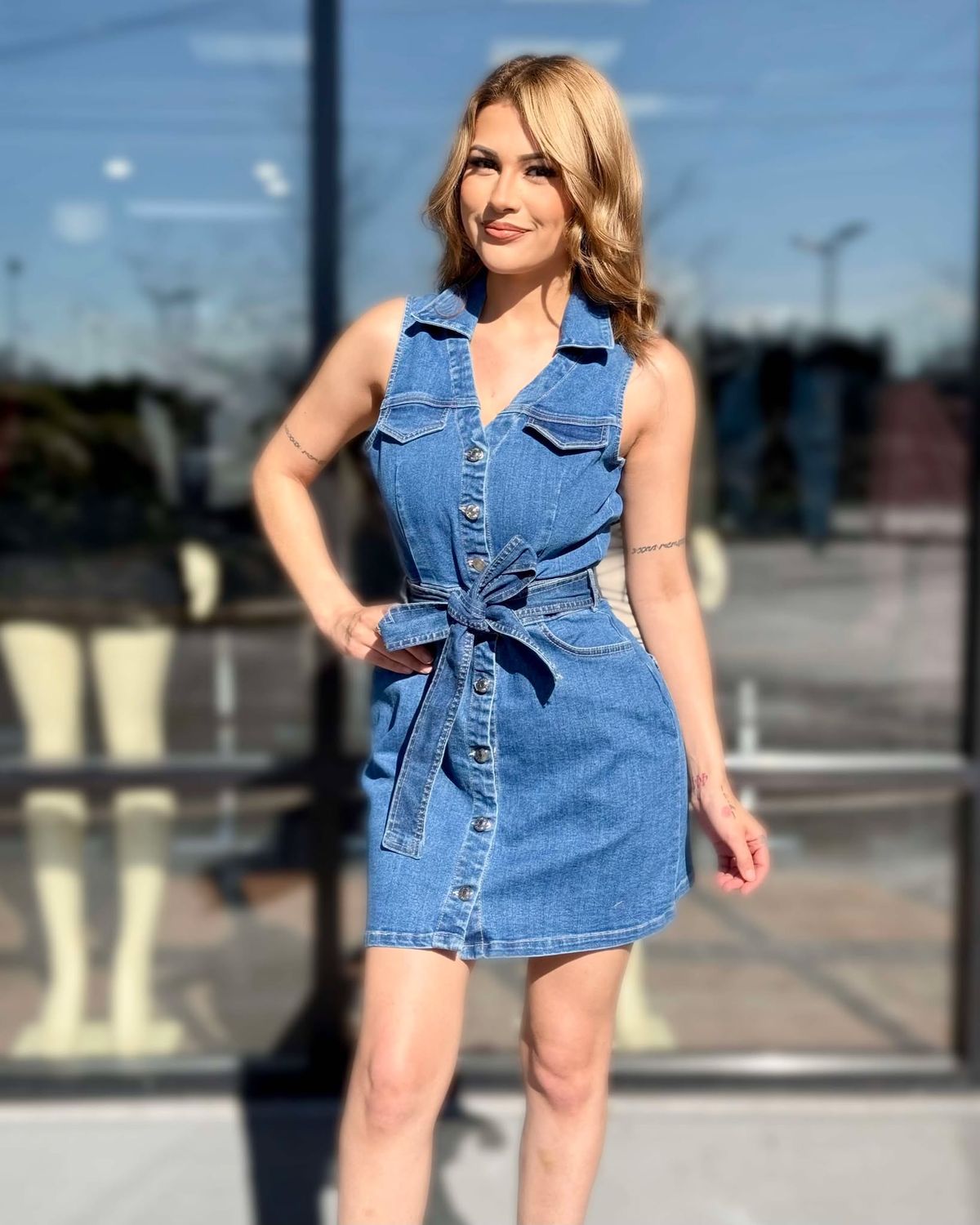 Denim dress with waist tie