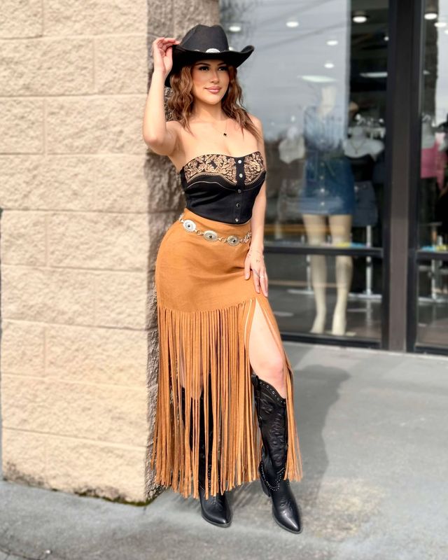 Suede maxi fringe skirt