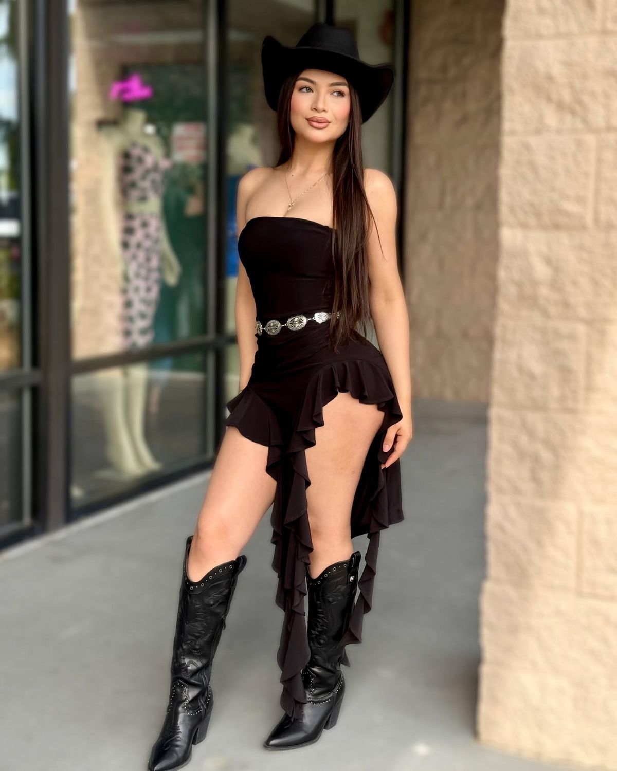 Try not to stare strapless ruffle dress