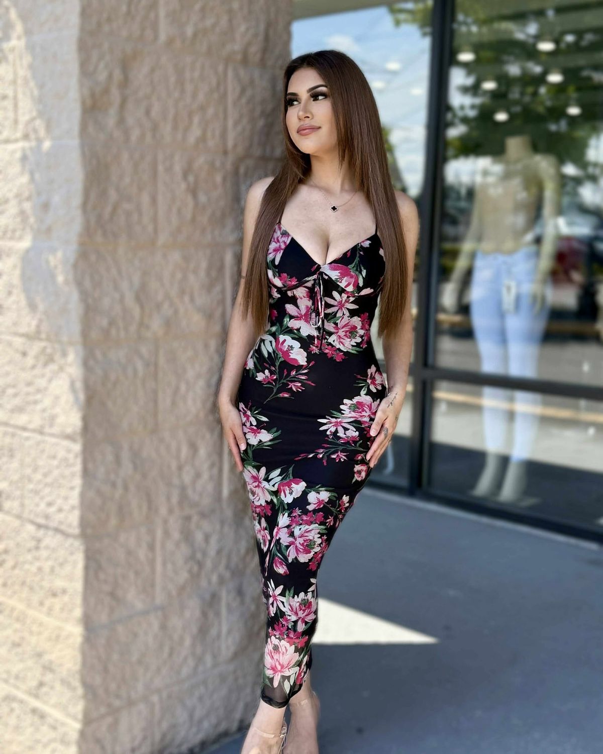 Pretty girl in floral mesh midi dress
