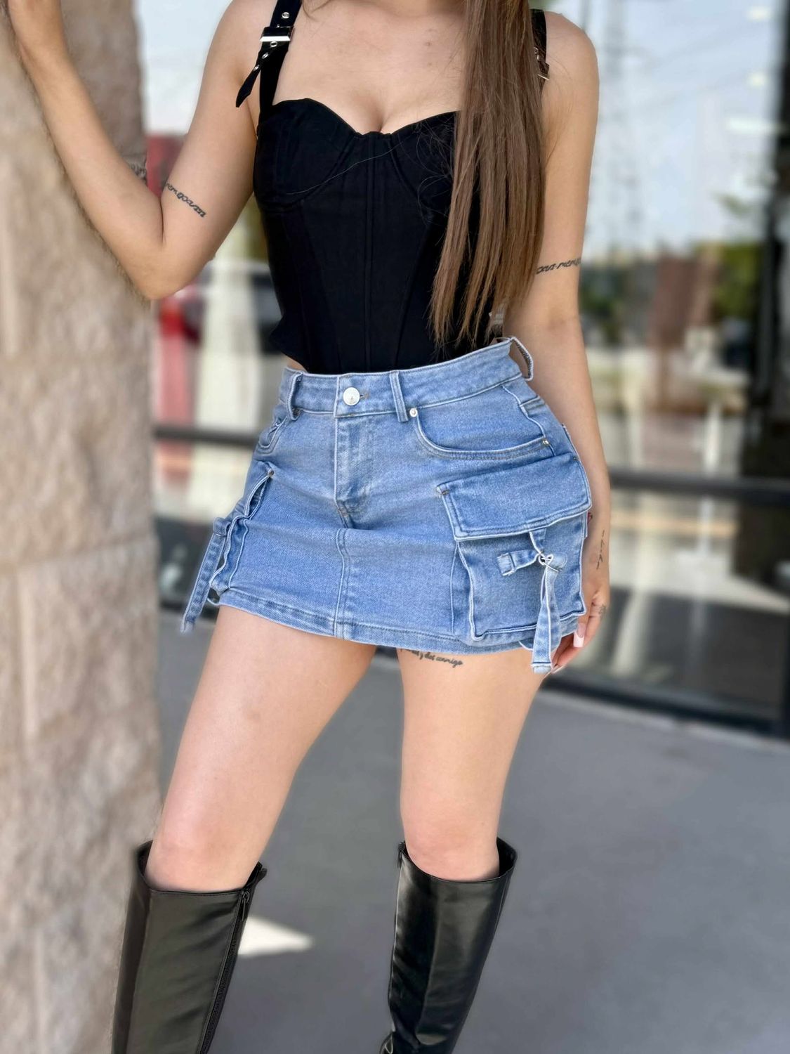 Mini denim cargo skirt