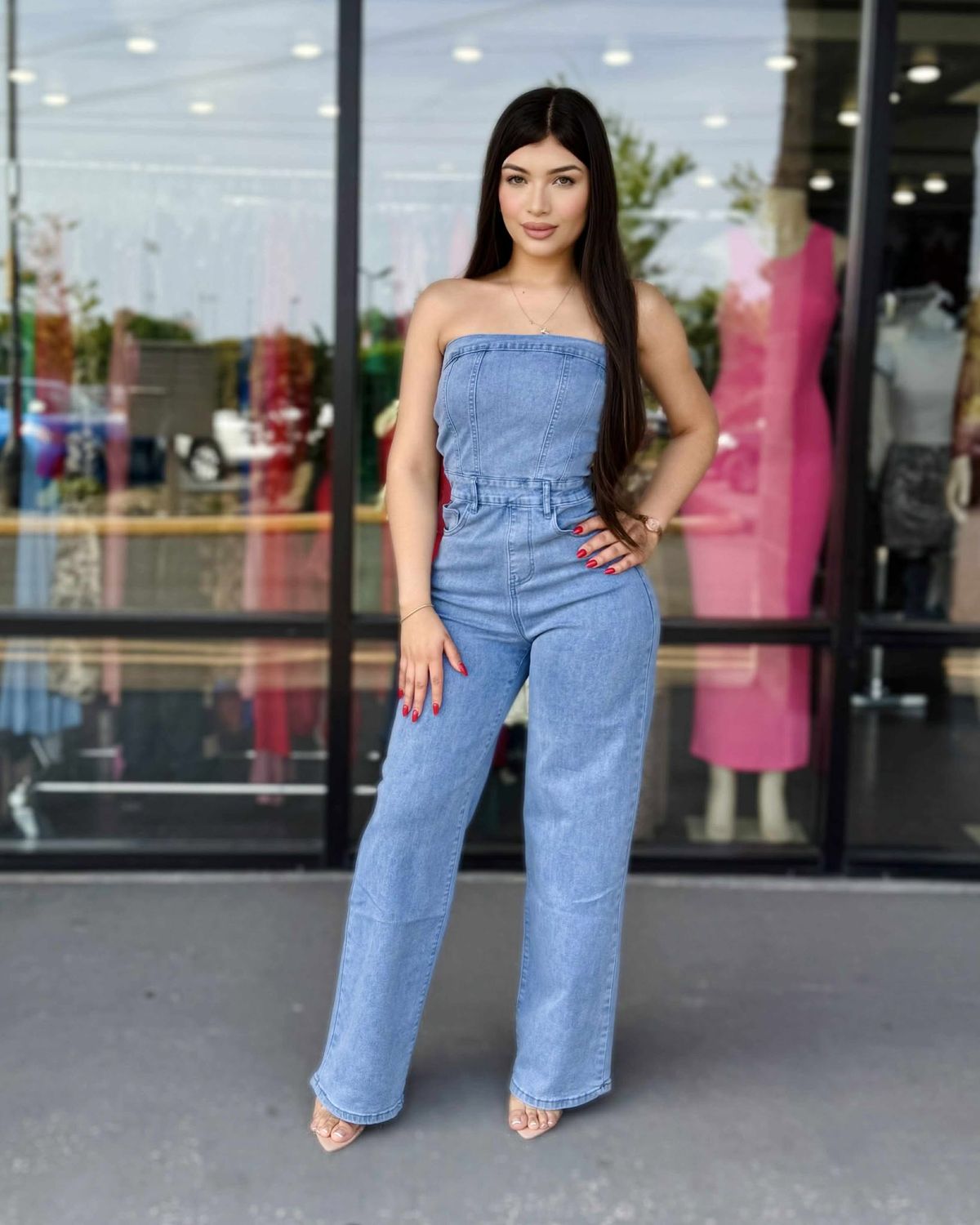 Strapless denim jumpsuit