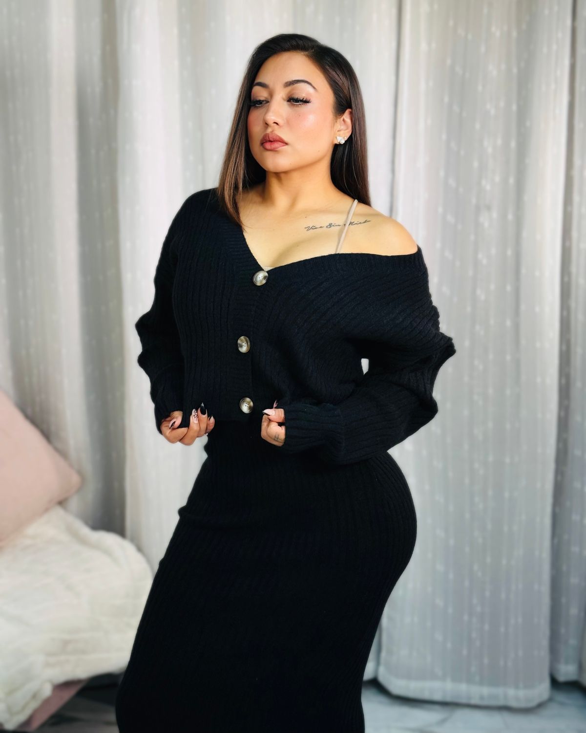 Put together knit cardigan and skirt