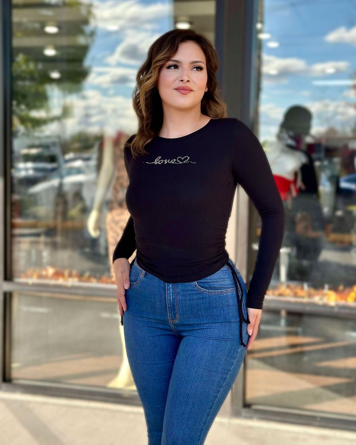 Crew neck rhinestone detail top