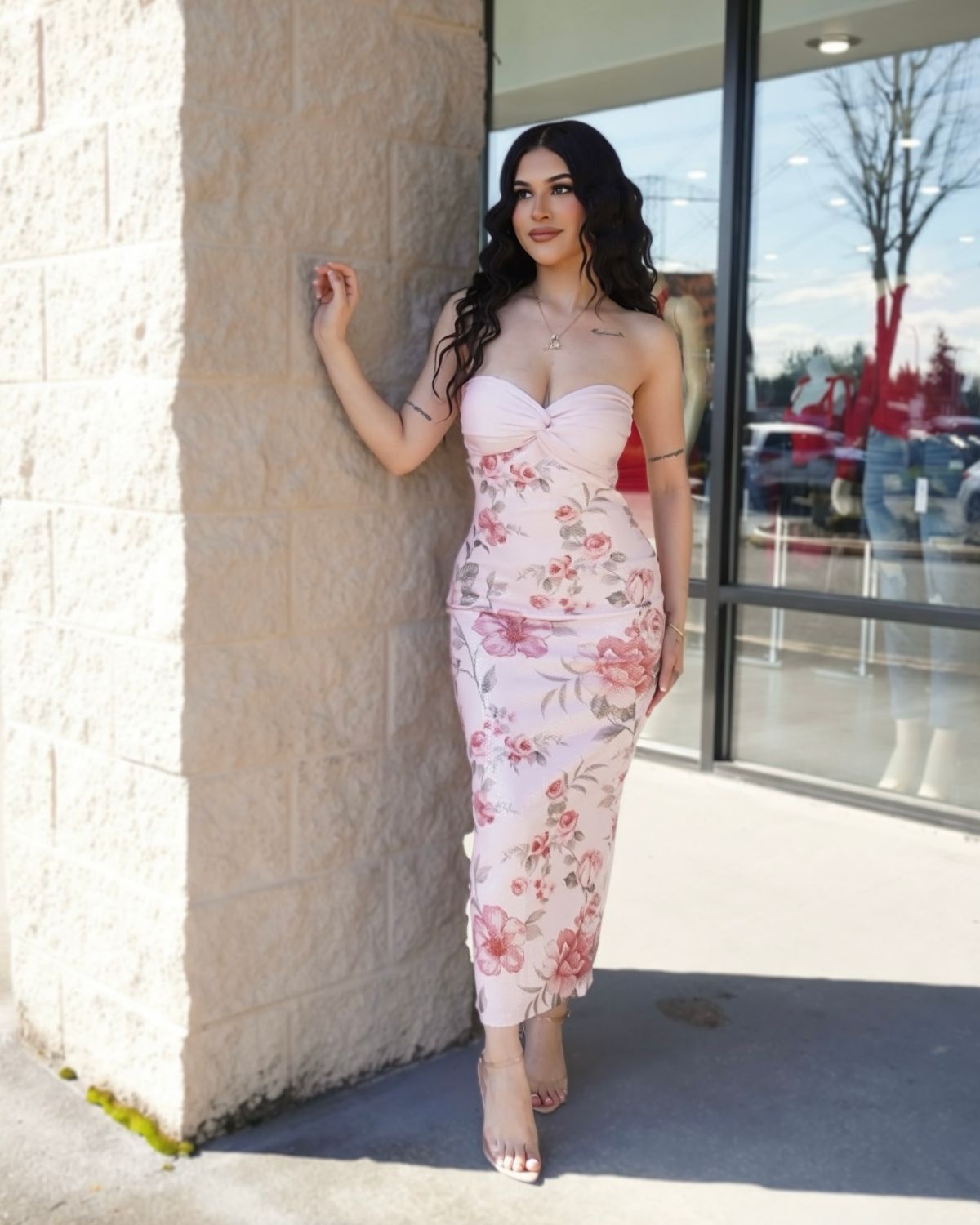 Floral baby pink satin dress