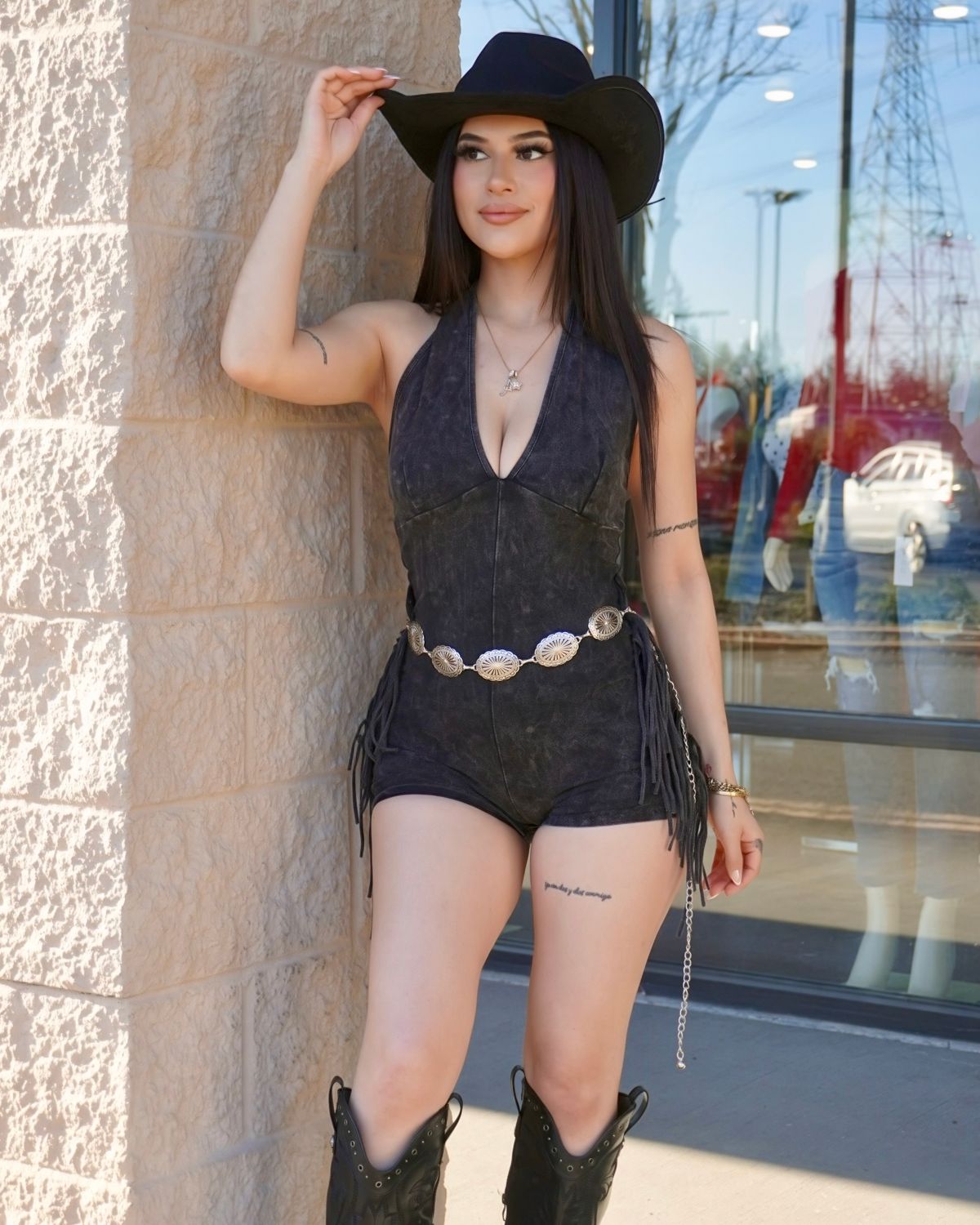 Mineral wash fringe halter romper