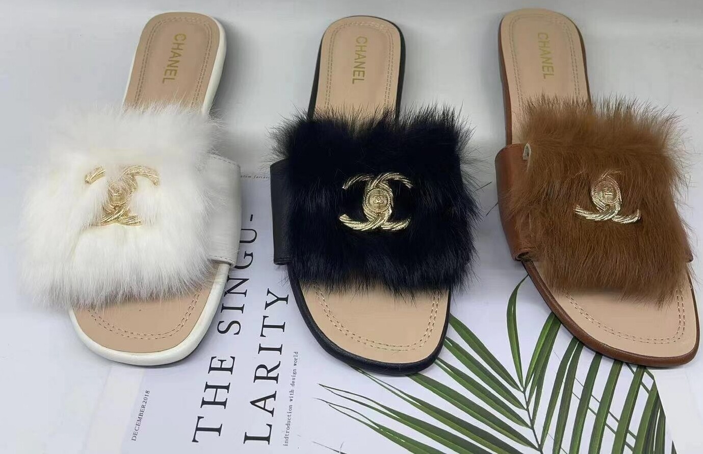Women Fashion Design Chanel Fur Slide Sandals