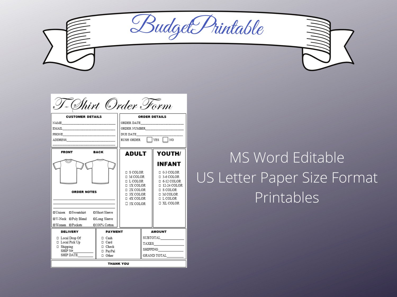 Customizable T-shirt Order Form. Instant digital downlo