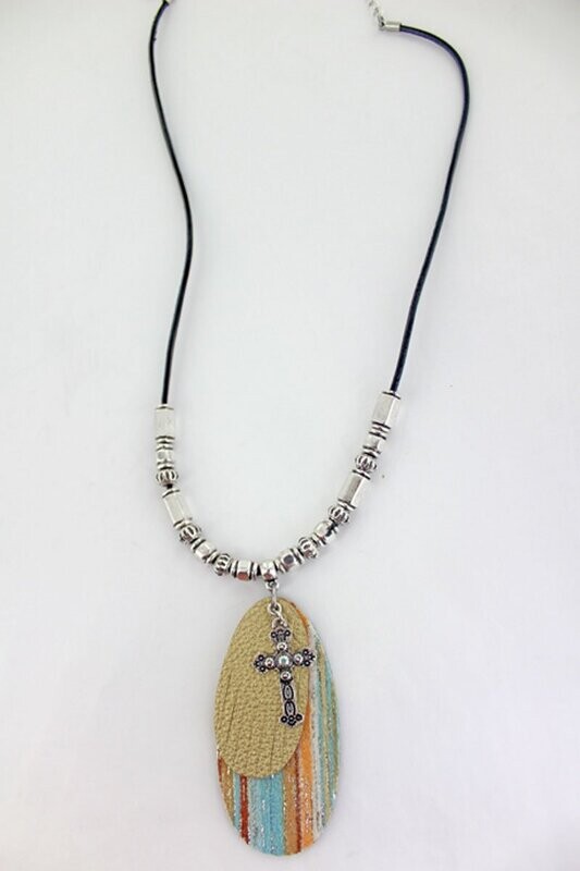 Layered Cross and Gold Multi-Color Stripe Oval Pendant Cord Necklace