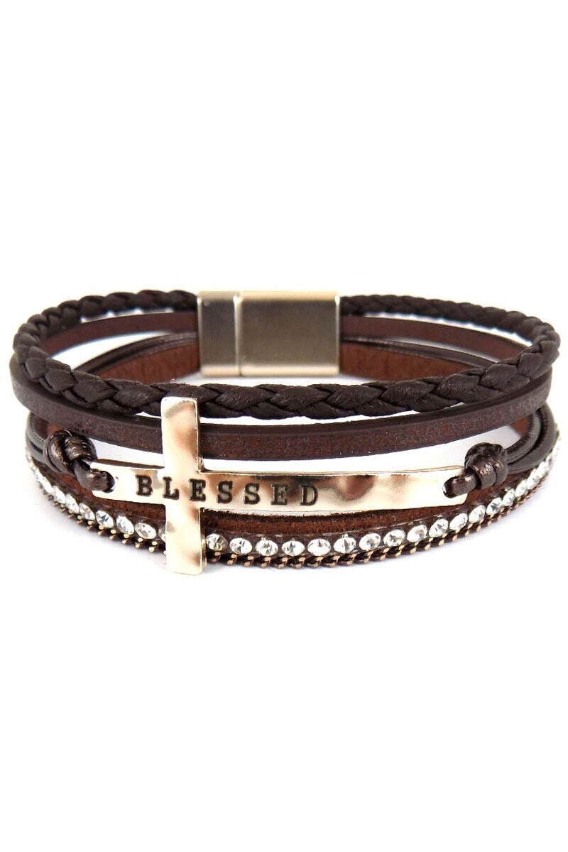 Blessed Cross and Faux Leather Multi-Strand Magnetic Bracelet