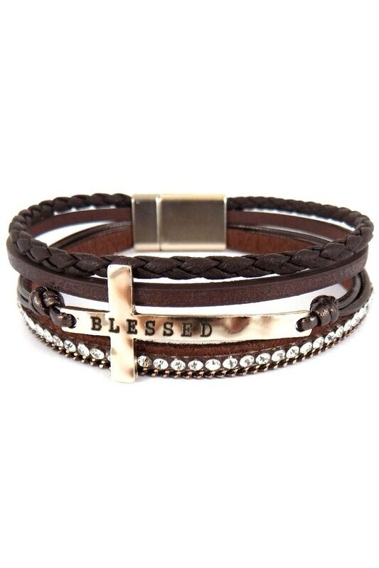 Blessed Cross and Faux Leather Multi-Strand Magnetic Bracelet