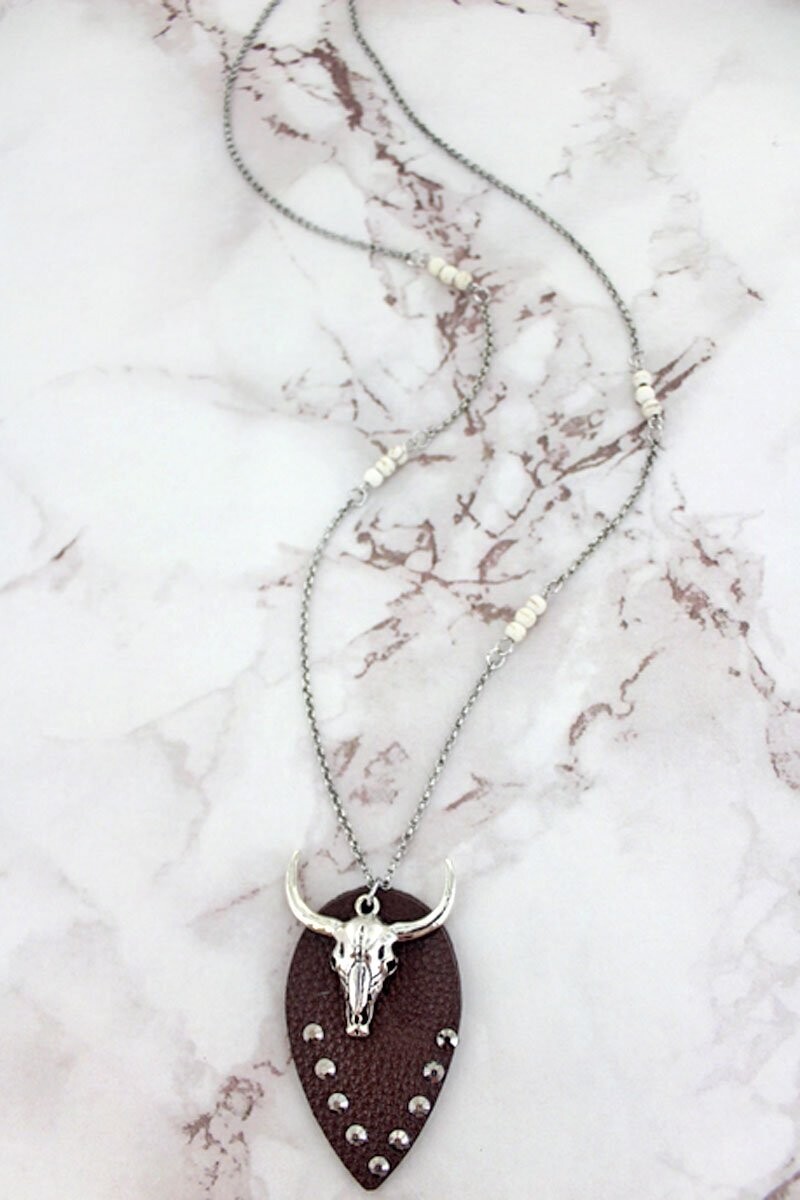 Crystal Brown Petal and Steer Skull Pendant Necklace
