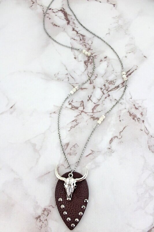 Crystal Brown Petal and Steer Skull Pendant Necklace
