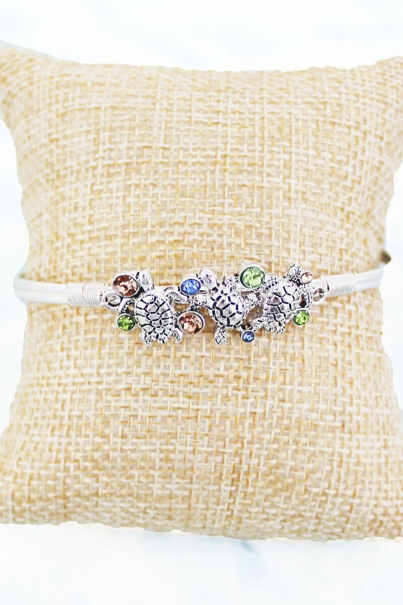 Colorful Crystal Turtle Silvertone Bracelet