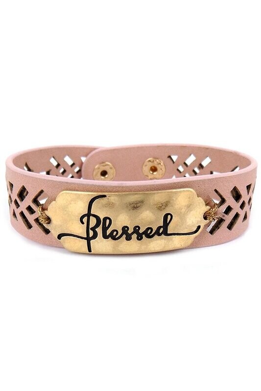 Goldtone &quot;Blessed&quot; Perforated Pink Faux Leather Cuff Bracelet