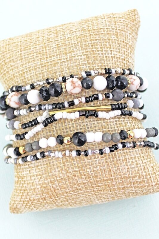 Goldtone Bar Black Seed Bead Medley Bracelet Set