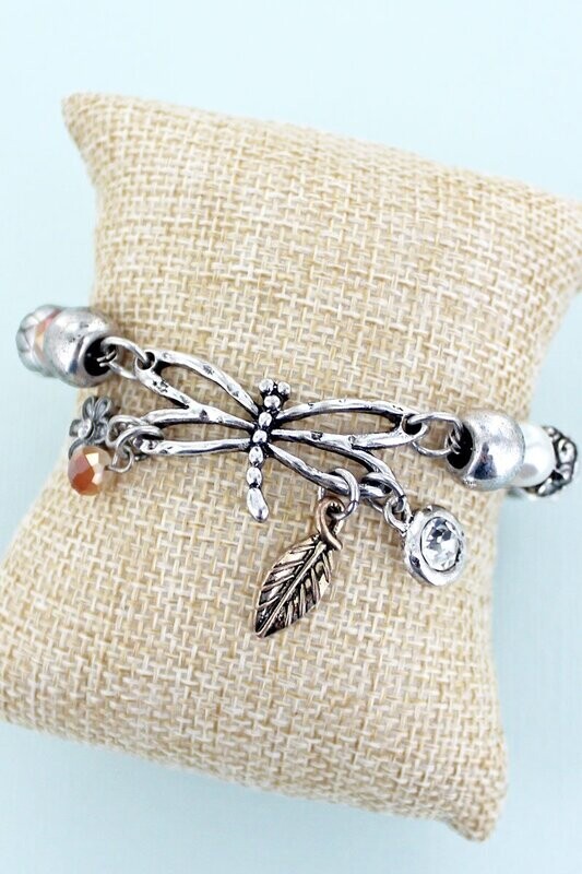 Burnished Tri-Tone Dragonfly Beaded Stretch Bracelet
