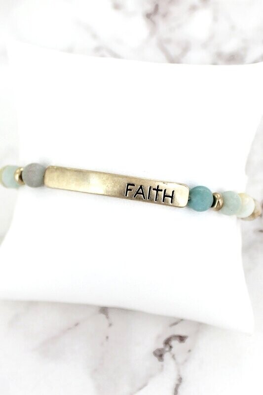 Goldtone &quot;Faith&quot; Bar Mint Semi-Precious Stone Bracelet