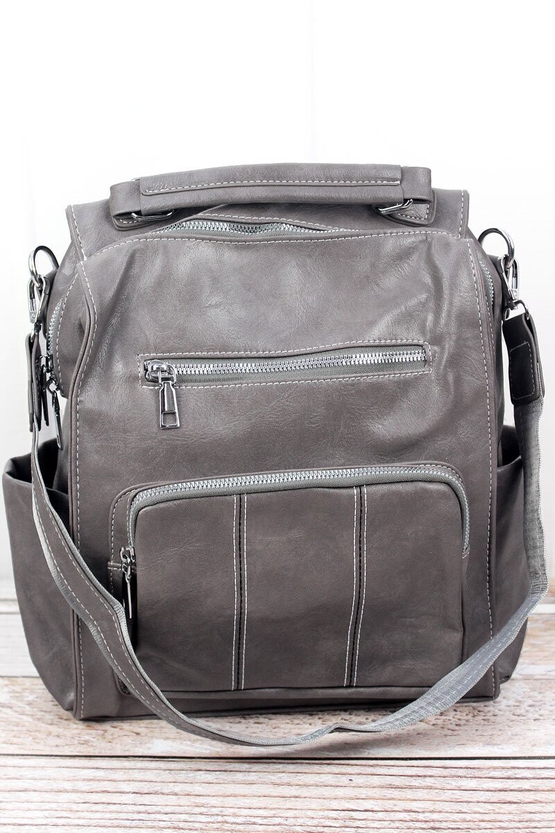 Gray Faux Leather Backpack Purse