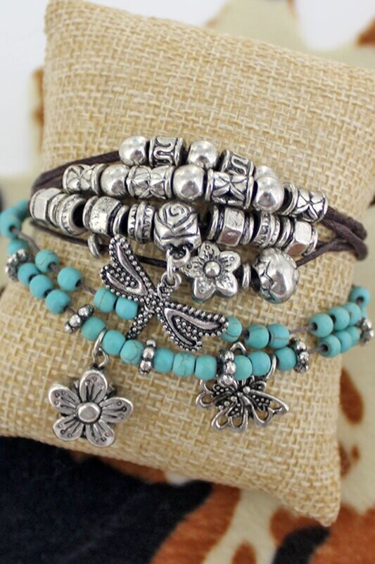 Rancho Flores Dragonfly Turquoise Beaded Multi-Cord Bracelet