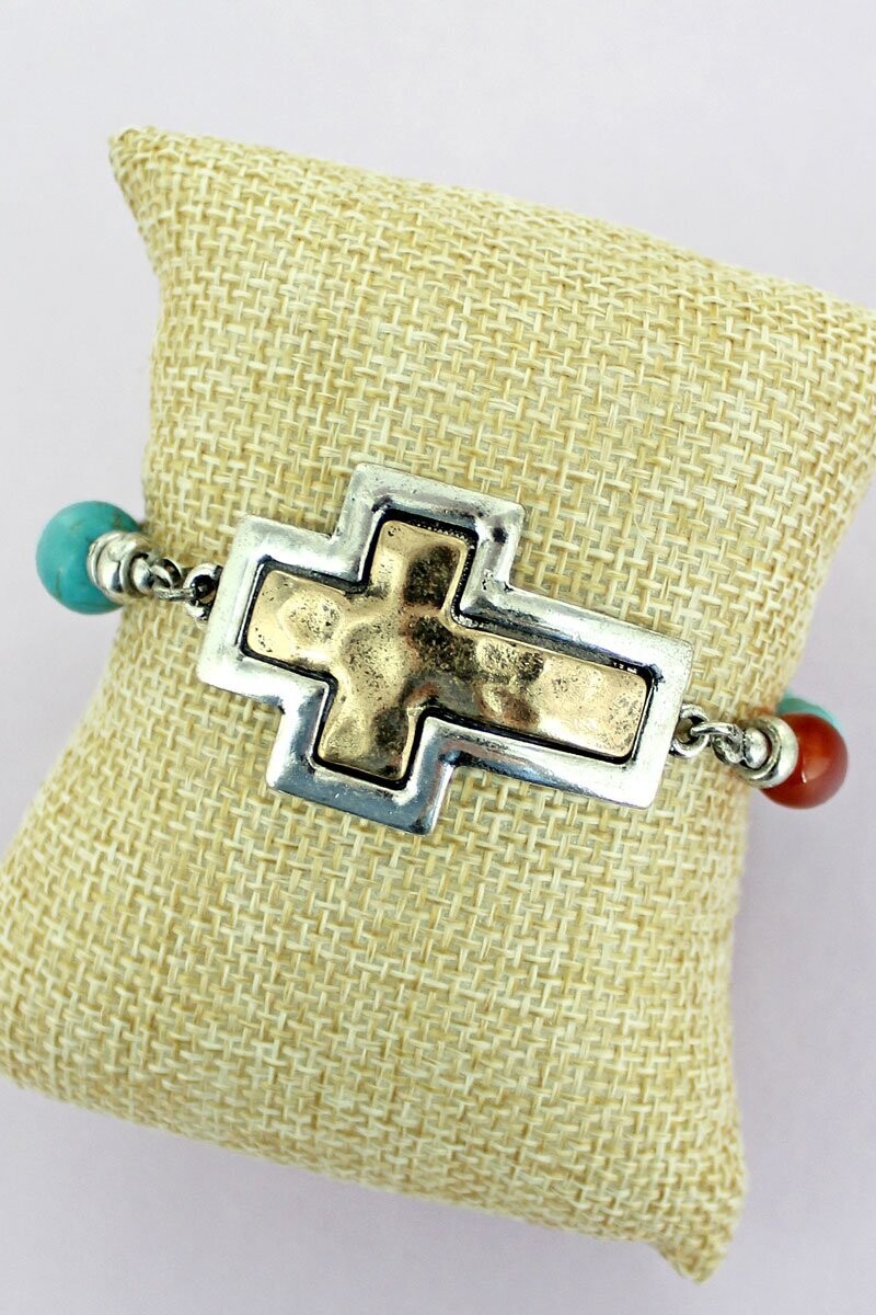 Windsong Two-Tone Cross Beaded Stretch Bracelet