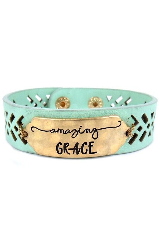 Goldtone &quot;Amazing Grace&quot; Perforated Mint Faux Leather Cuff Bracelet