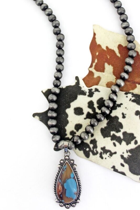 Turquoise &amp; Orange Marbled Stone Teardrop Navajo Inspired Pearl Necklace