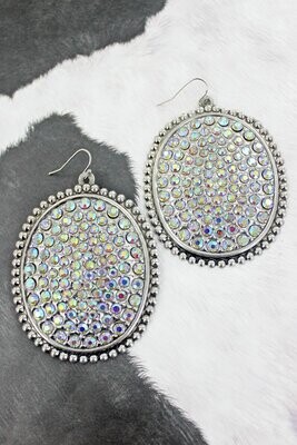 Crystal Pave Silvertone Oval Disk Earrings