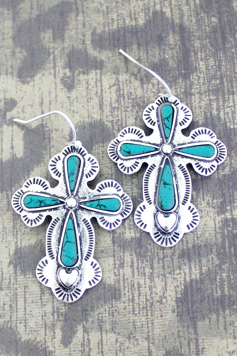 Silvertone &amp; Turquoise Santiago Cross Earrings