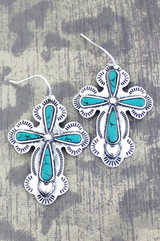Silvertone &amp; Turquoise Santiago Cross Earrings