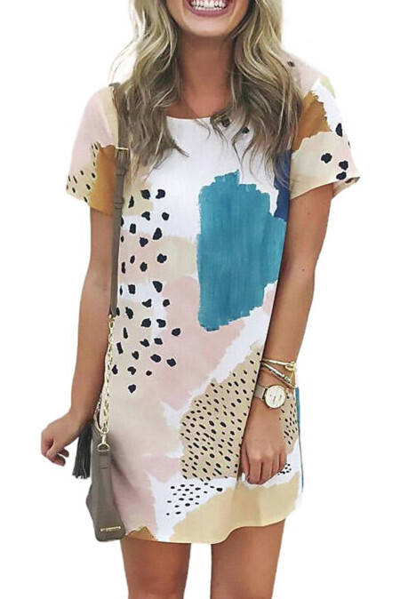 Leopard Splicing Color Block Mini Dress Light Blue