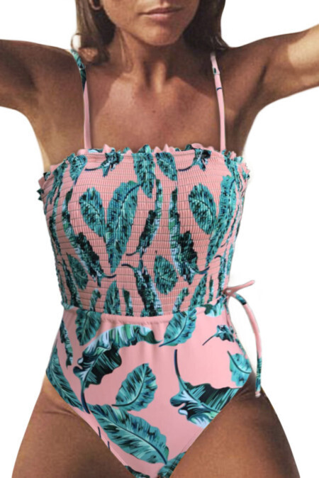 Pink Fashion Side Tie Flower Print One Piece Swimsuit