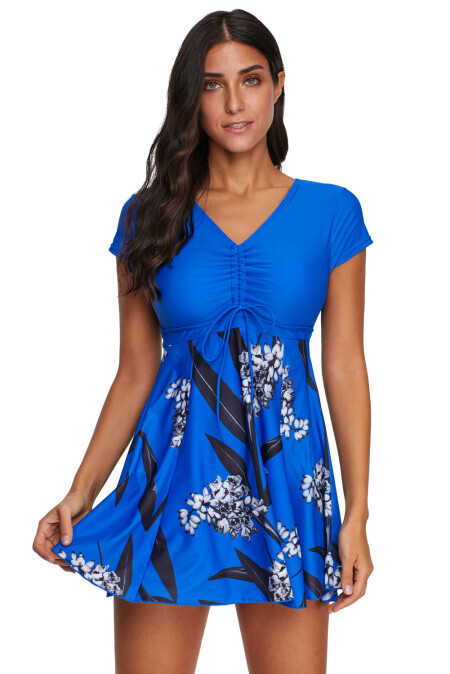 Blue Printed Short Sleeve Swimsuit with Boy Short