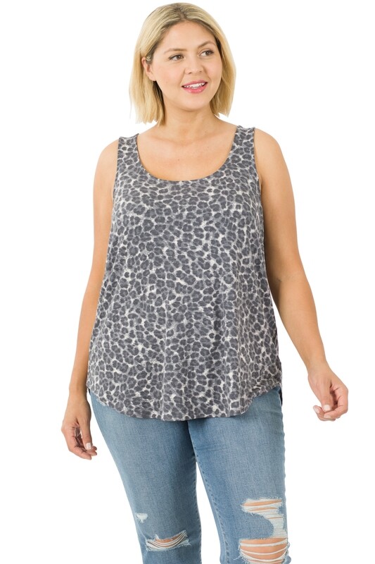 Leopard Sleeveless Round Neck &amp; Hem Top Grey