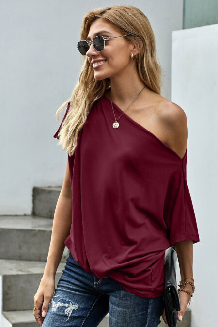 Off-The-Shoulder Slash Neck Casual Loose Fitting Top Red