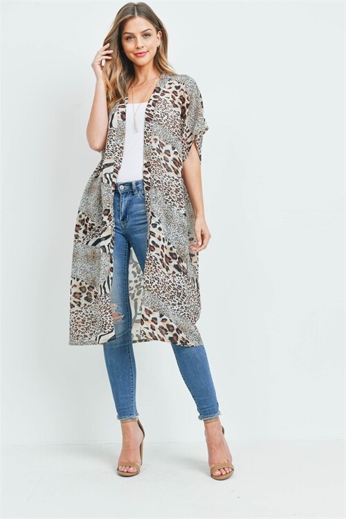 Multi Animal Print Brown Kimono