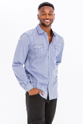 Solid Heathered Long Sleeve Button Down Shirt Blue