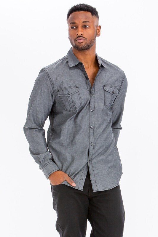 Solid Heathered Long Sleeve Button Down Shirt Black