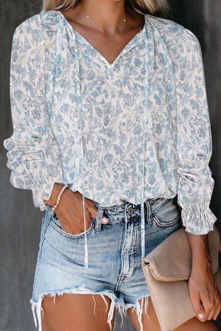 Sky Blue Printed Long Sleeve V-Neck Drawstring Shirt