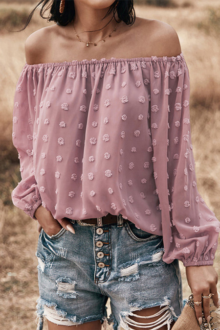 Pink White Off Shoulder Swiss Dot Blouse
