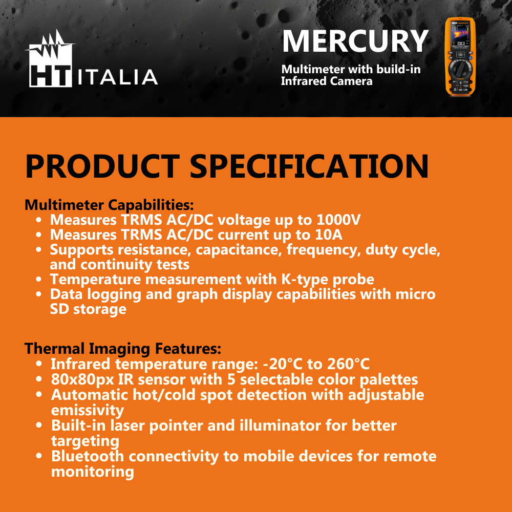 HT Italia HT Mercury Professional multimeter with built-in infrared camera + F3000U AC flexible clamp with 30/300/3000A full scale