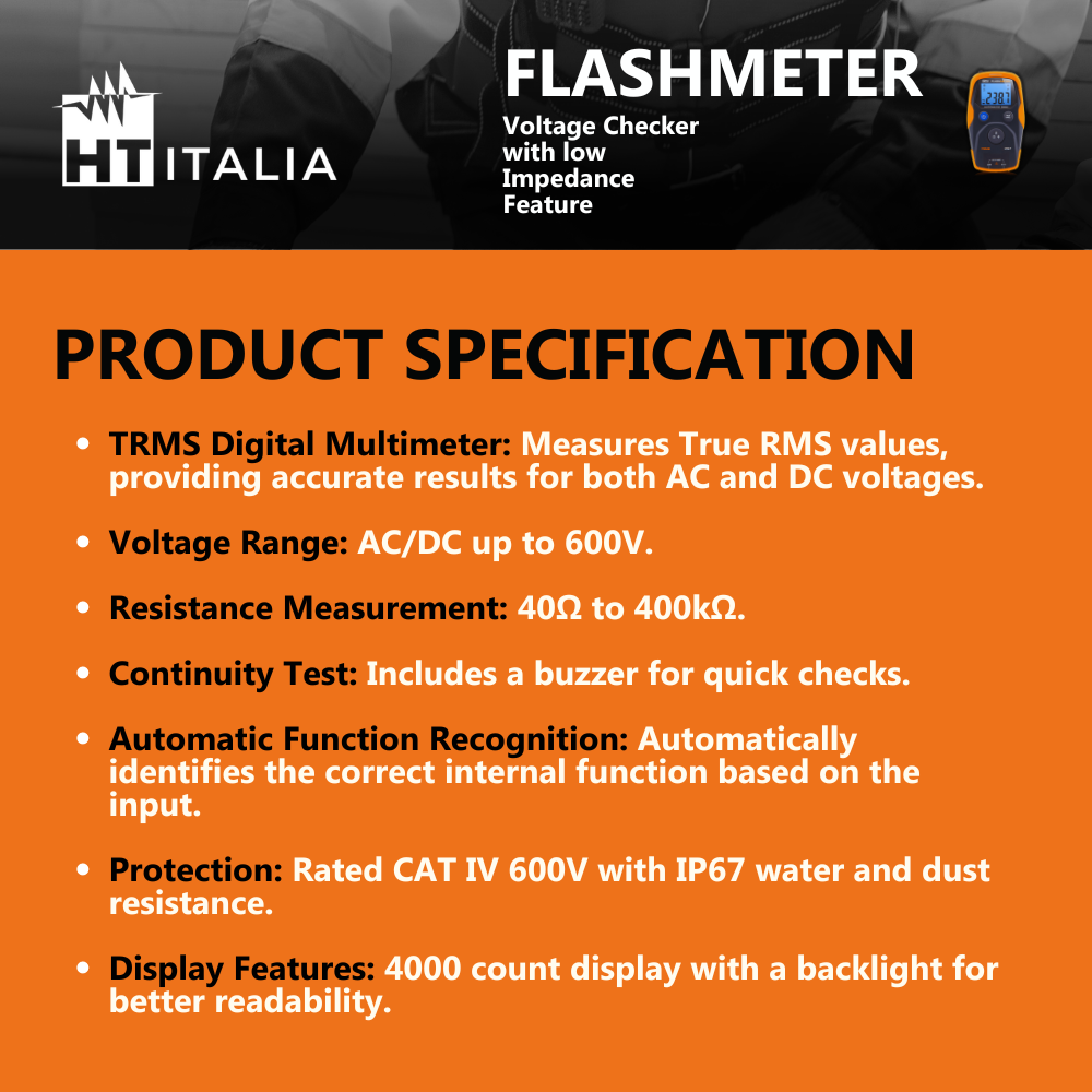 HT Italia FLASHMETER TRMS DIGITAL MULTIMETER up to 600V unbreakable and water resistant with automatic measurement sequence