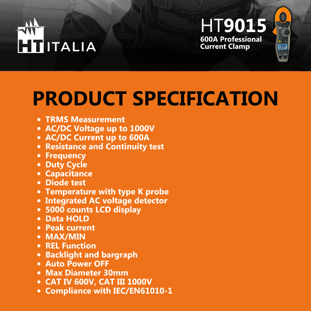 HT9015 AC/DC TRMS 600A CAT IV clamp meter with temperature measurement