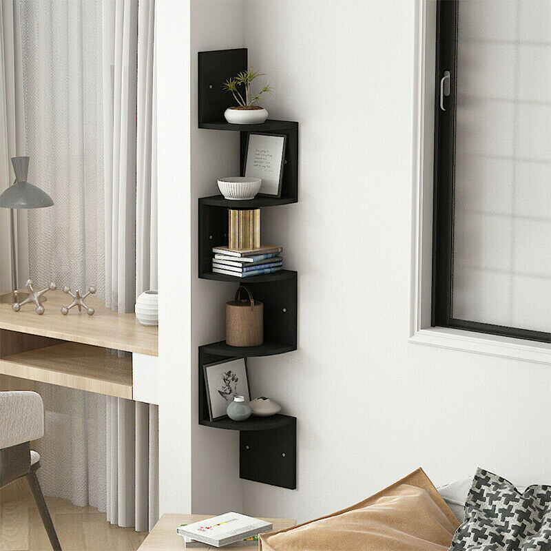 3/5 Tier Black Floating Wall Shelves Corner Shelf Storage Display Rack Bookcase Decor UK